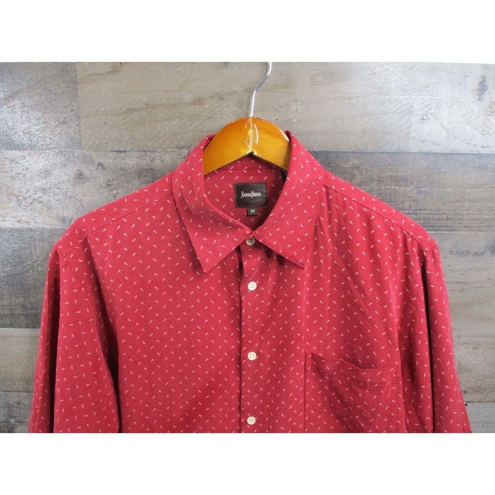 Neiman Marcus Silk Shirt Mens Medium Red Geometric Short Sleeve Button Up Pocket